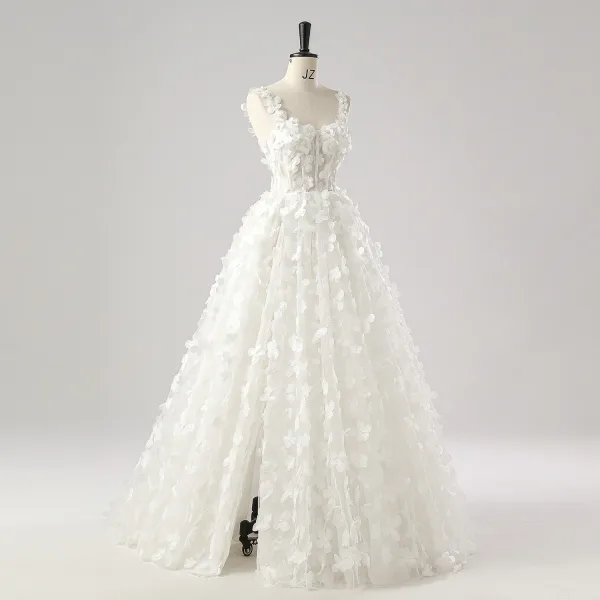 Flower Fairy 3D Lace White Wedding Dresses Split Front Prom Dresses 2025 A-Line / Princess Sleeveless Engagement Crossed Straps Floor-Length / Long Shoulders