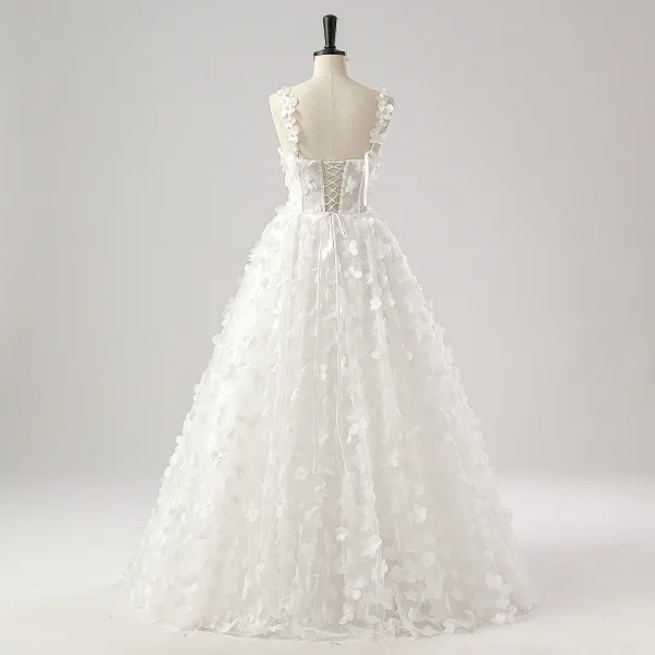 Flower Fairy 3D Lace White Wedding Dresses Split Front Prom Dresses 2025 A-Line / Princess Sleeveless Engagement Crossed Straps Floor-Length / Long Shoulders