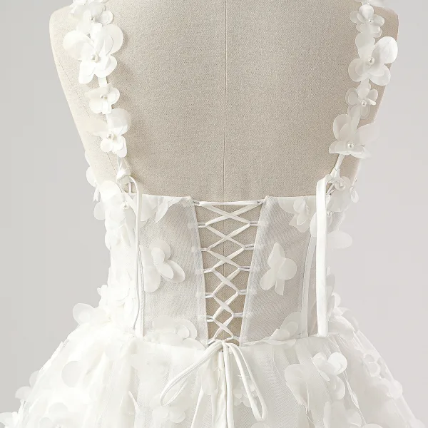 Flower Fairy 3D Lace White Wedding Dresses Split Front Prom Dresses 2025 A-Line / Princess Sleeveless Engagement Crossed Straps Floor-Length / Long Shoulders