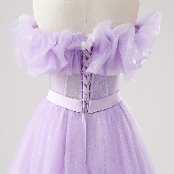 Demure Lavender Butterfly Prom Dresses 2025 Off-The-Shoulder Formal Dresses Crossed Straps Floor-Length / Long Tulle Sleeveless A-Line / Princess