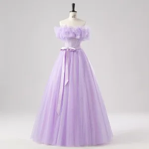 Réservé Lavande Papillon Robe De Bal 2025 De L Épaule Robe De Cérémonie Bretelles Croisées Longue Tulle Sans Manches Princesse