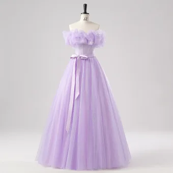 Demure Lavender Butterfly Prom Dresses 2025 Off The Shoulder Formal Dresses Crossed Straps Floor Length Long Tulle Sleeveless A Line Princess