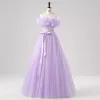 Demure Lavender Butterfly Prom Dresses 2025 Off-The-Shoulder Formal Dresses Crossed Straps Floor-Length / Long Tulle Sleeveless A-Line / Princess