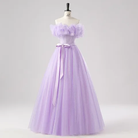 Zurückhaltend Lavendel Schmetterling Ballkleider 2025 Off Shoulder Festliche Kleider Gekreuzte Träger Lange Tülle Ärmellos A Linie