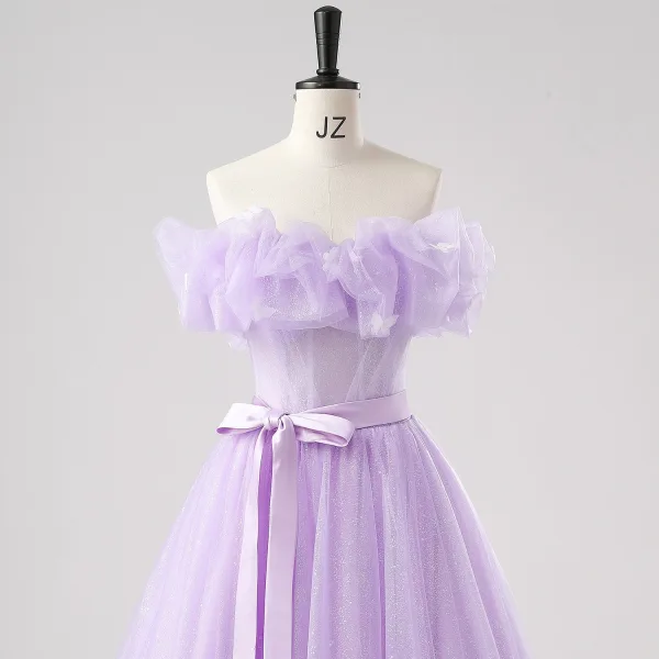 Demure Lavender Butterfly Prom Dresses 2025 Off-The-Shoulder Formal Dresses Crossed Straps Floor-Length / Long Tulle Sleeveless A-Line / Princess