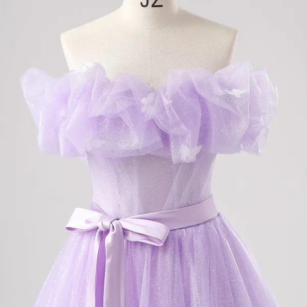 Demure Lavender Butterfly Prom Dresses 2025 Off-The-Shoulder Formal Dresses Crossed Straps Floor-Length / Long Tulle Sleeveless A-Line / Princess
