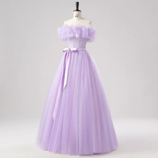 Demure Lavender Butterfly Prom Dresses 2025 Off-The-Shoulder Formal Dresses Crossed Straps Floor-Length / Long Tulle Sleeveless A-Line / Princess