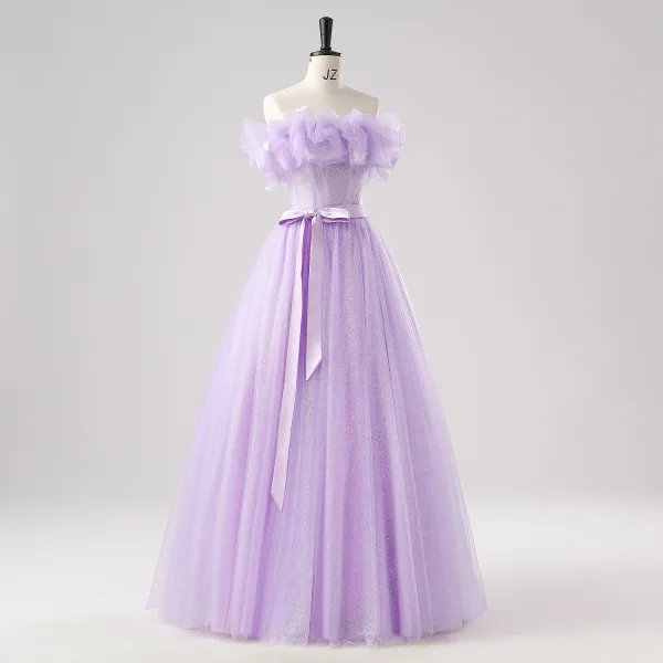 Demure Lavender Butterfly Prom Dresses 2025 Off-The-Shoulder Formal Dresses Crossed Straps Floor-Length / Long Tulle Sleeveless A-Line / Princess