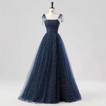 Glamour Bleu Marine Étoile Lune Robe De Bal 2025 Fendue Devant Douce 16 De Retour Volants Tulle Robe De Cérémonie Bretelles Croisées Longue