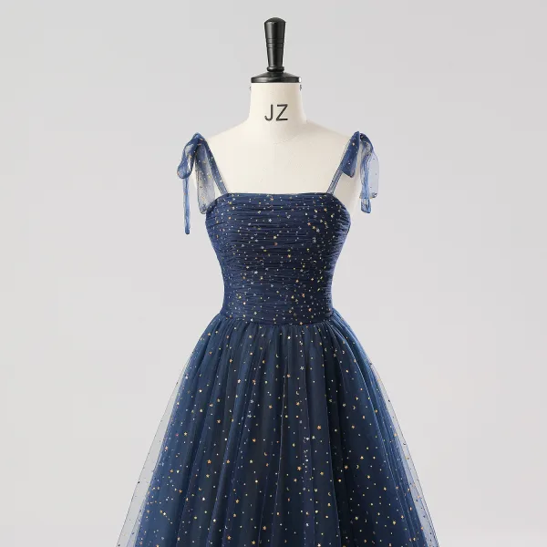 Glamorous Navy Blue Star Moon Prom Dresses 2025 Split Front Sweet 16 Homecoming Ruffle Tulle Formal Dresses Crossed Straps Floor-Length / Long