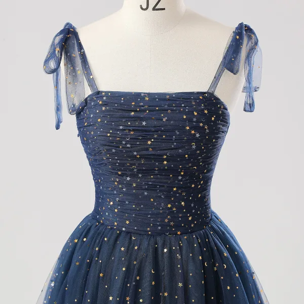 Glamorous Navy Blue Star Moon Prom Dresses 2025 Split Front Sweet 16 Homecoming Ruffle Tulle Formal Dresses Crossed Straps Floor-Length / Long