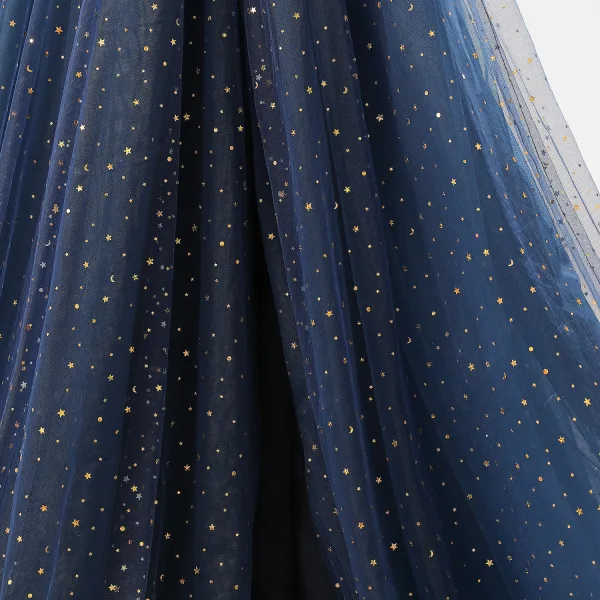 Glamorous Navy Blue Star Moon Prom Dresses 2025 Split Front Sweet 16 Homecoming Ruffle Tulle Formal Dresses Crossed Straps Floor-Length / Long