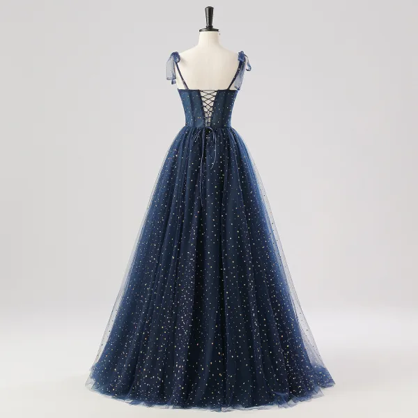 dark blue and white prom dress ZAPAKA Women Blue Long Prom Dress with Slit A-Line Sweetheart Tiered Corset Evening  Dress