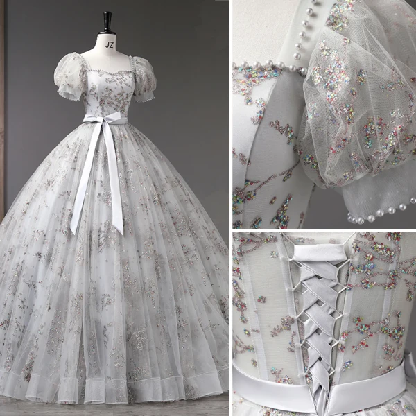 Élégant Gris Paillettes Robe De Bal 2023 Robe Boule Perle Encolure Carrée Gonflée Manches Courtes Noeud Ceinture Dos Nu Longue Promo Robe De Ceremonie