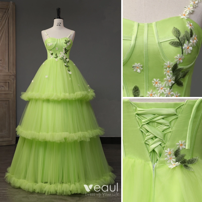 Modern Fashion Lime Green Daisy Cascading Ruffles Prom Dresses 2023 A Line  Princess Spaghetti Straps Sleeveless Backless Lace Flower Floor Length Long Prom  Formal Dresses