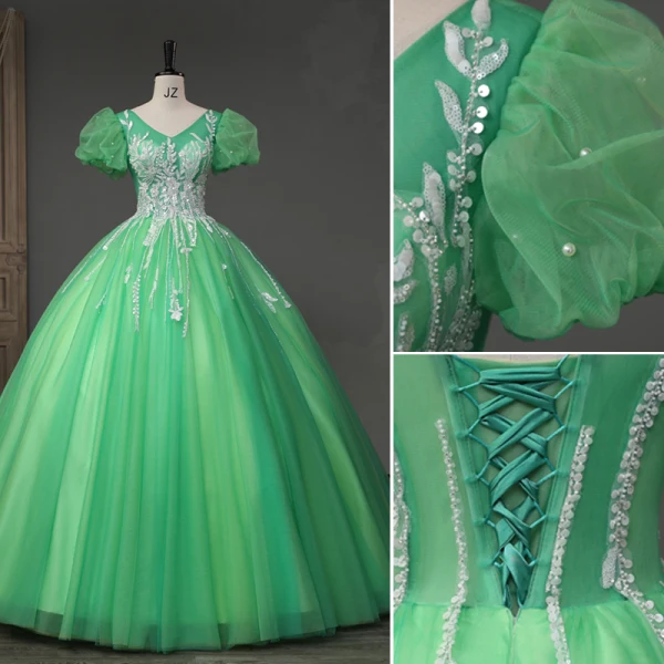 Chic / Beautiful Green Beading Pearl Sequins Prom Dresses 2023 Ball Gown V-Neck Puffy Short Sleeve Backless Floor-Length / Long Prom Formal Dresses