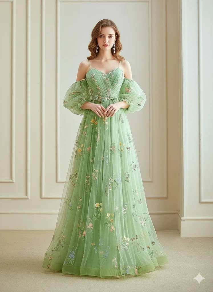 slim fit dress slacks Sage Green Tulle Off the Shoulder Lace Floral Long Prom Dresses, Green –  Lwt Dress