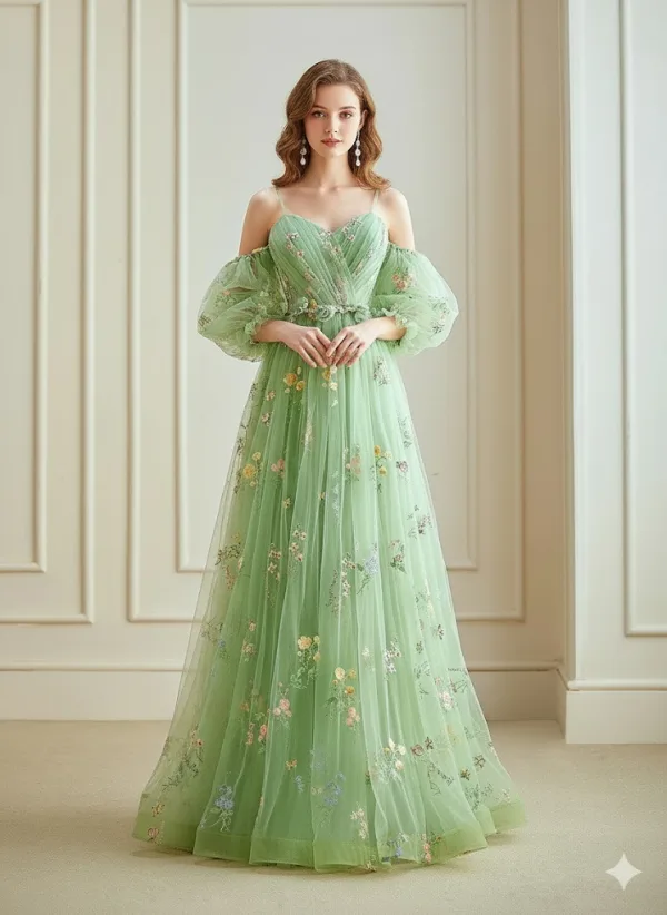 Fairytale Sage Green Embroidered Flower Spaghetti Straps Prom Dresses 2024  Floral Ruffle Tulle Floor-Length / Long