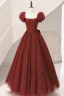 Foldable Burgundy Glitter Prom Dresses 2024 A-Line / Princess Square Neckline Puffy Short Sleeve Backless Bow Floor-Length / Long Formal Dresses