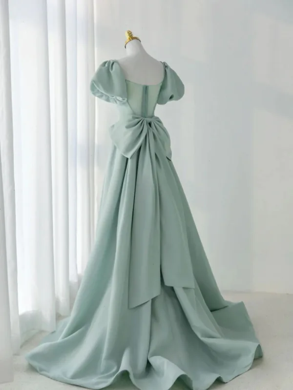 Elegant Sage Green Satin Prom Dresses 2024 A-Line / Princess Square Neckline Backless Bow Puffy Short Sleeve Floor-Length / Long Formal Dresses