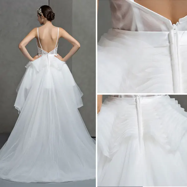 Romantisk Vit Spaghettiband Bröllopsklänningar Prinsessa Ärmlös 2017 Halterneck Asymmetrisk Ruffle Organza
