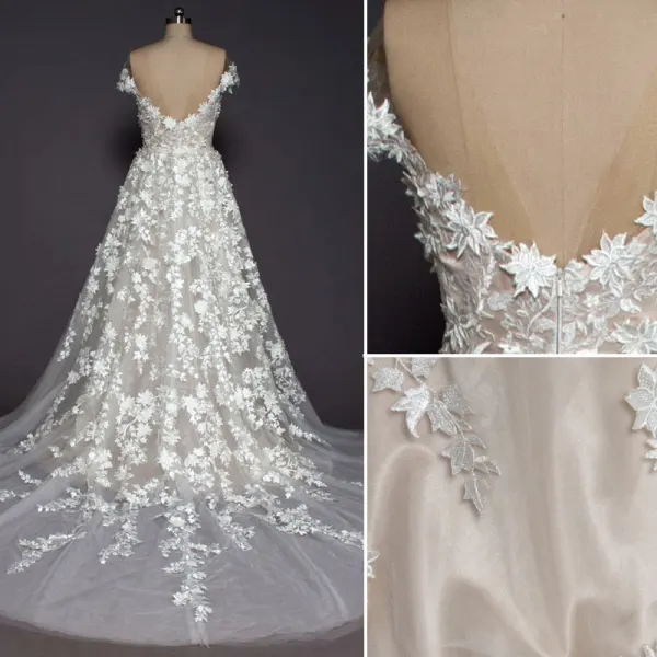 Luxury / Gorgeous Champagne Beach Wedding Dresses 2017 A-Line / Princess Scoop Neck Short Sleeve Appliques Lace Backless Detachable Chapel Train