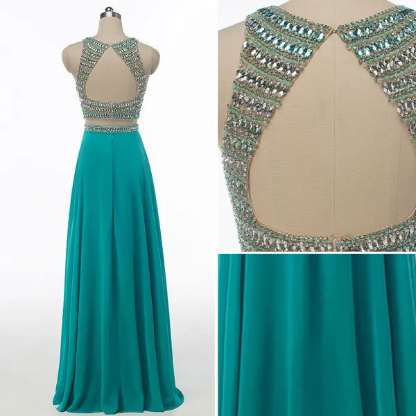 Sparkly Rhinestone Prom Dresses 2017 A-Line / Princess Scoop Neck Sleeveless Heart-shaped Backless Beading Sequins Jade Green Chiffon Floor-Length / Long Formal Dresses