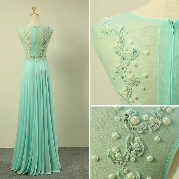 Chic / Beautiful Royal Blue Evening Dresses 2017 A-Line / Princess Scoop Neck Sleeveless Beading Pearl Ruffle Chiffon Floor-Length / Long Formal Dresses