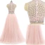 Scintillantes 2 Pièces Rose Bonbon Robe De Bal 2017 Princesse Col Haut Sans Manches Perlage Faux Diamant Tulle Robe De Ceremonie Train De Balayage