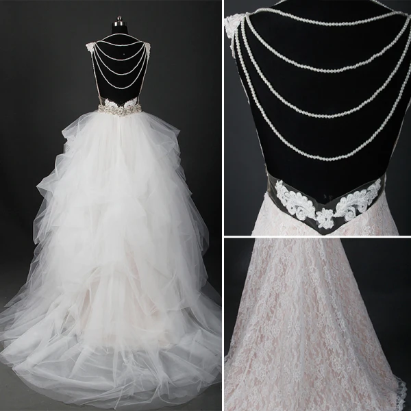 Stunning Champagne Wedding Dresses 2017 Ball Gown Outdoor / Garden Sleeveless Appliques Lace Tulle Beading Pearl Backless Court Train