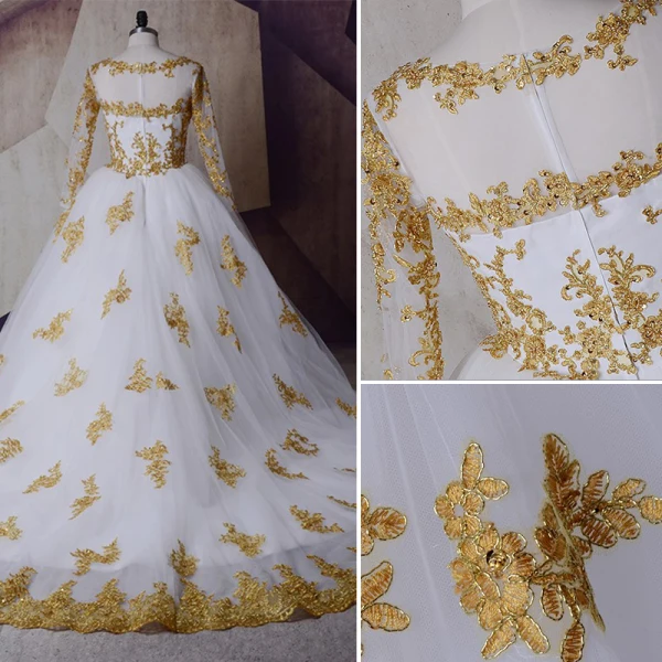 Scintillantes Blanche Doré Robe De Mariée 2017 Encolure Dégagée épaules Manches Longues Appliques En Dentelle Paillettes Robe Boule Royal Train
