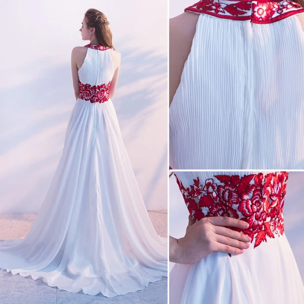 Elegante Weiß Abendkleider 2017 A Linie Ärmellos Rundhalsausschnitt Blumen Mit Spitze Stoffgürtel Rüschen Chiffon Festliche Kleider Hof-Schleppe