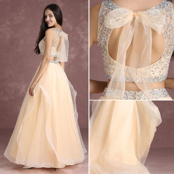 Bling Bling 2 Piece Nude Prom Dresses 2017 A-Line / Princess Scoop Neck Sleeveless Ruffle Organza Beading Sequins Floor-Length / Long Formal Dresses