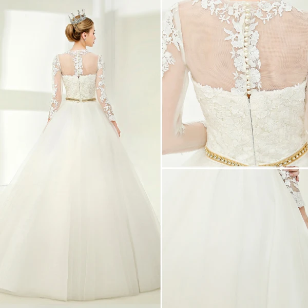 Elegant White Ball Gown Wedding Dresses 2017 Scoop Neck Long Sleeve Appliques Lace Beading Pearl Metal Sash Floor-Length / Long