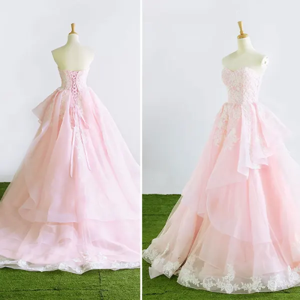 Herlig Prinsesse Kjæreste Uten Ermer Rødmende Rosa Organza Brudekjoler 2017 Appliques Blonder Buste Domstol Tog