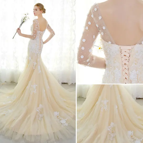 Romantique Champagne Robe De Mariée 2017 Trompette / Sirène 3/4 Manches Appliques En Dentelle Fleur Perlage Cristal Volants Tribunal Train