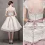 Elegant Champagne Wedding Dresses 2017 A-Line / Princess Square Neckline Short Sleeve Appliques Lace Bow Sash Pearl Knee-Length
