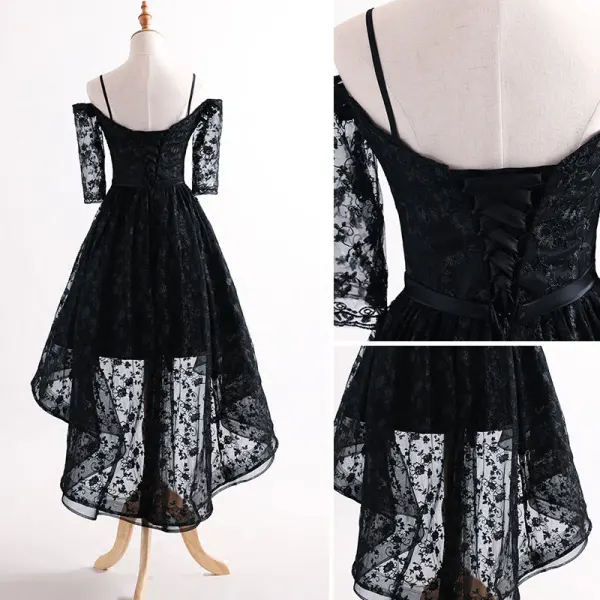 Chic / Beautiful Asymmetrical Cocktail Dresses 2017 Off-The-Shoulder 1/2 Sleeves Spaghetti Straps Lace Formal Dresses