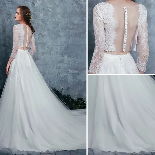 Bohême 2 Pièces Plage Robe De Mariée 2017 Princesse Manches Longues Appliques En Dentelle Blanche Volants Tulle Tribunal Train