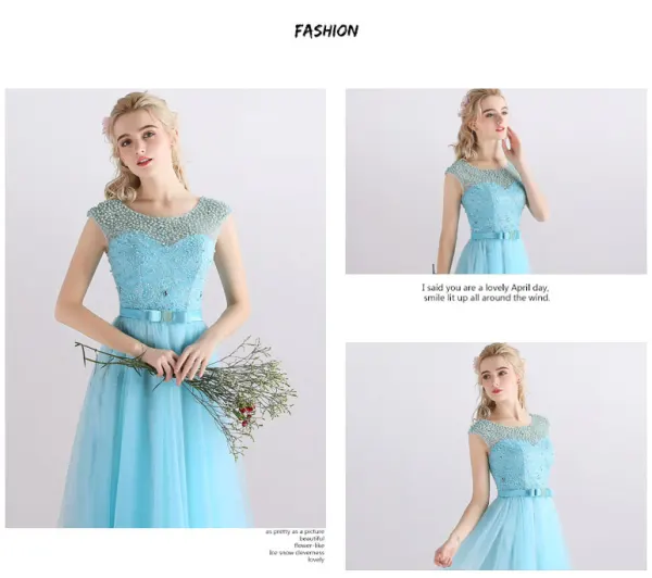 Affordable Bridesmaid Dresses 2017 A-Line / Princess Short Sleeve Backless Pearl Tulle Sash Floor-Length / Long Wedding Party Dresses