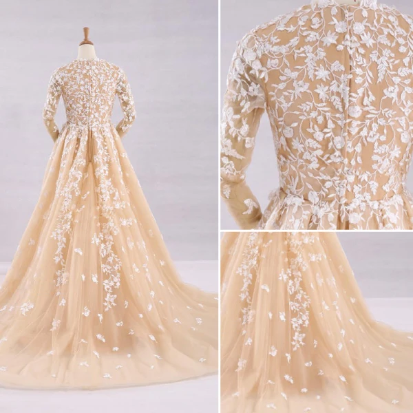Elegant Champagne Wedding Dresses 2017 A-Line / Princess V-Neck Long Sleeve Appliques Lace Ruffle Tulle Chapel Train