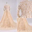 Elegant Champagne Wedding Dresses 2017 A-Line / Princess V-Neck Long Sleeve Appliques Lace Ruffle Tulle Chapel Train