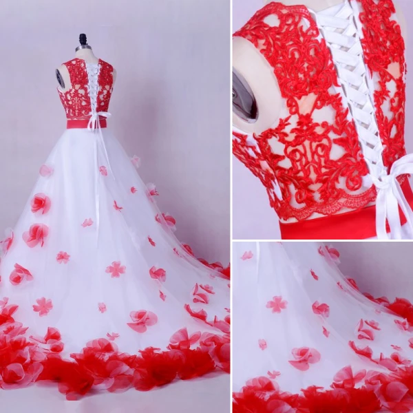 Stunning 2 Piece Red White Wedding Dresses 2017 Scoop Neck Strapless Sleeveless Ruffle Flower Ball Gown Chapel Train