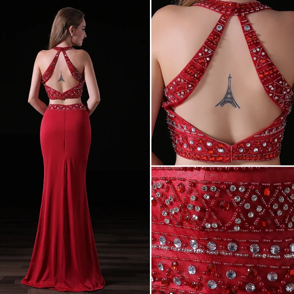 Sparkly 2 Piece Burgundy Evening Dresses 2017 Trumpet / Mermaid Halter Sleeveless Beading Crystal Rhinestone Satin Chiffon Backless Formal Dresses