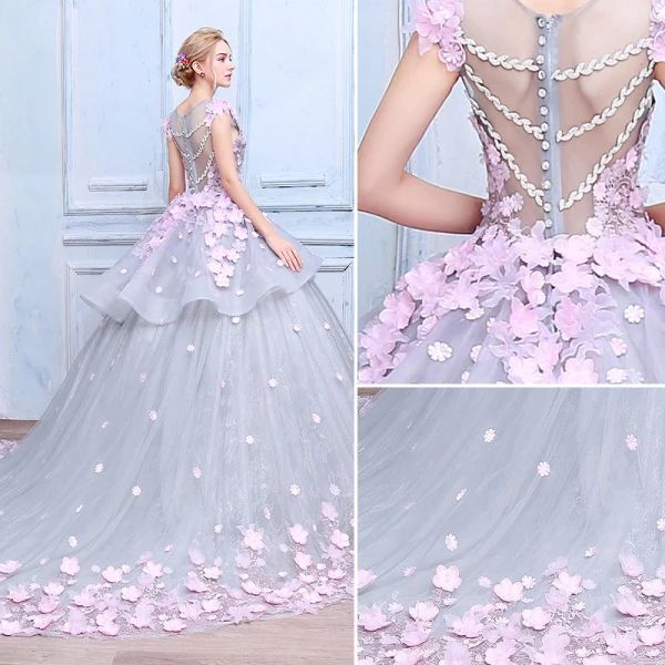 Stunning Amazing / Unique Wedding Dresses 2017 Scoop Neck Sleeveless Appliques Bow Lace Blushing Pink Flower Grey Organza Ball Gown Prom Dresses Chapel Train