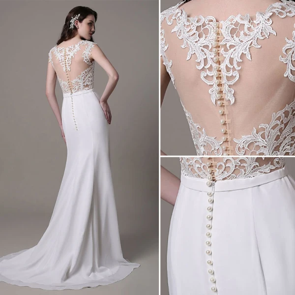 Modern / Fashion White Trumpet / Mermaid Beach Chiffon Wedding Dresses 2017 Scoop Neck Sleeveless Pearl Appliques Lace Sweep Train