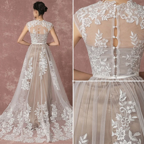 Romantique Plage Champagne Robe De Mariée 2017 Princesse Manches Courtes Encolure Dégagée Appliques En Dentelle Train De Balayage