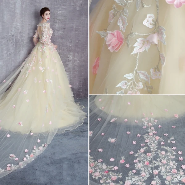Flower Fairy Yellow Prom Dresses 2017 A-Line / Princess Scoop Neck Long Sleeve Appliques Flower Ruffle Tulle Royal Train Formal Dresses