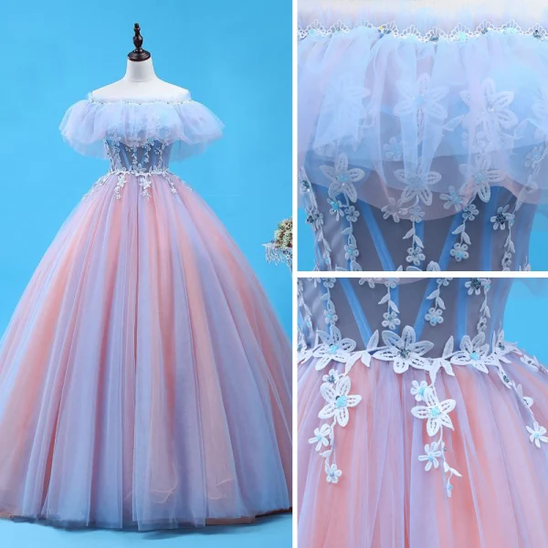 Schöne Himmelblau Rosa Quinceañera Ballkleider 2018 Ballkleid Applikationen Perlenstickerei Off Shoulder Rückenfreies Ärmellos Sweep / Pinsel Zug Festliche Kleider