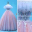 Schöne Himmelblau Rosa Quinceañera Ballkleider 2018 Ballkleid Applikationen Perlenstickerei Off Shoulder Rückenfreies Ärmellos Sweep / Pinsel Zug Festliche Kleider